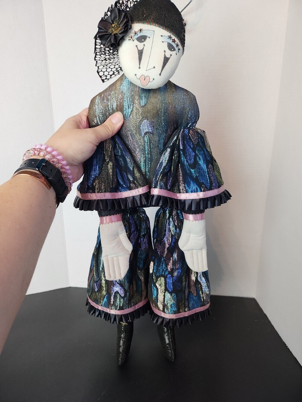Handmade Pierrot Harlequin Clown Art Doll Metallic Costume Vintage - Picture 6 of 11
